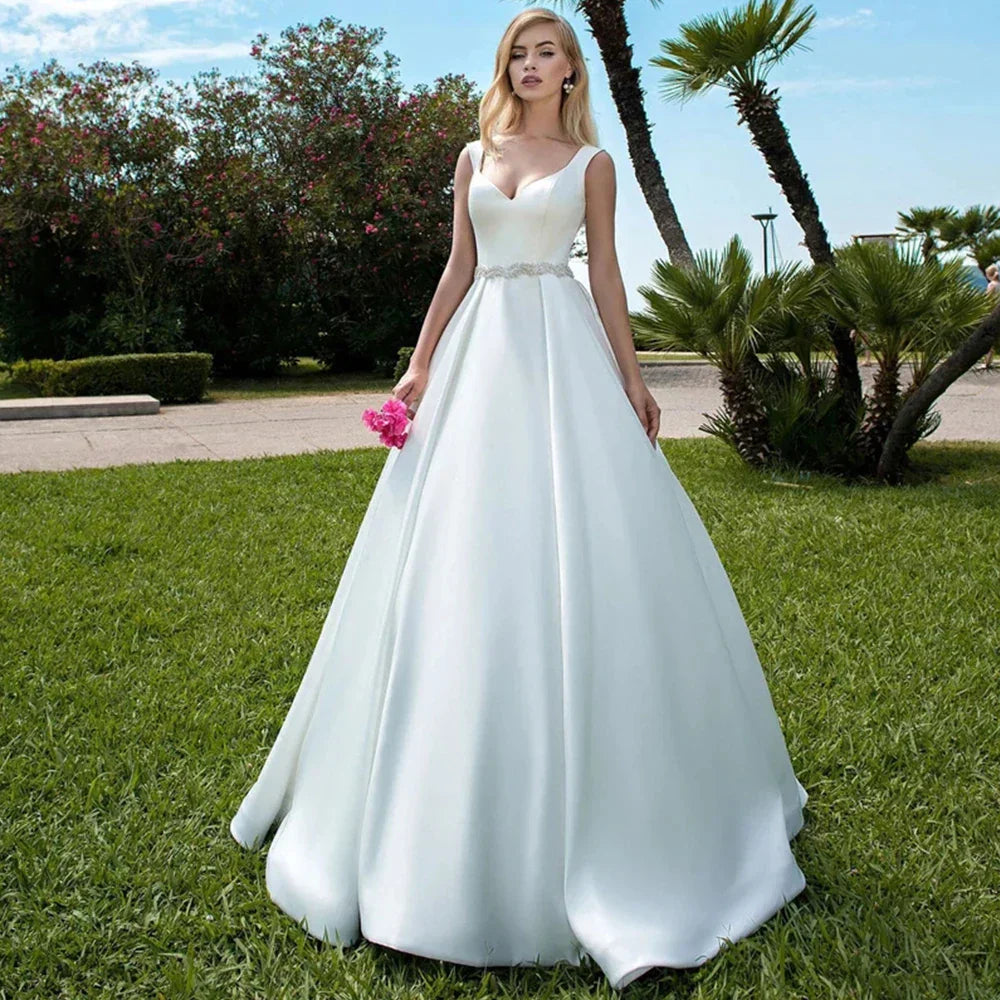 Elegant Women's Wedding Dresses V-Neck Lace Appliques Beads Belt Satin Buttons Back A-Line  2023 Vestido De Noiva Bridal Gowns