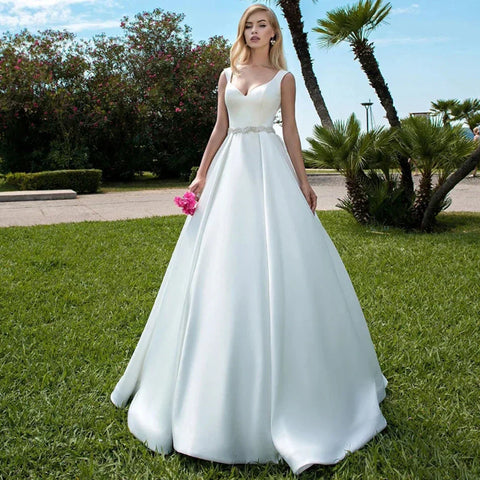 Elegant Women's Wedding Dresses V-Neck Lace Appliques Beads Belt Satin Buttons Back A-Line  2023 Vestido De Noiva Bridal Gowns