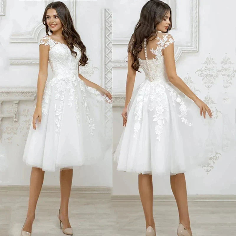 Robe de mariée élégante en tulle blanc, col rond, manches courtes, ligne a, longueur aux genoux, robe de mariée 