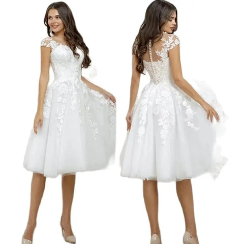 Robe de mariée élégante en tulle blanc, col rond, manches courtes, ligne a, longueur aux genoux, robe de mariée 