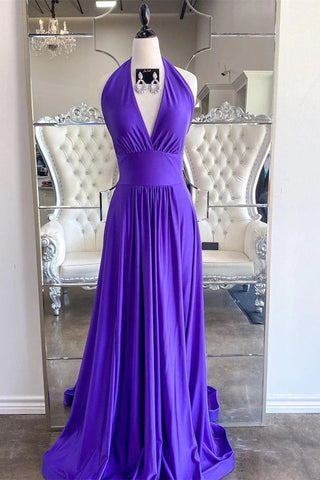Elegante vestido largo de fiesta morado con escote halter SYP120