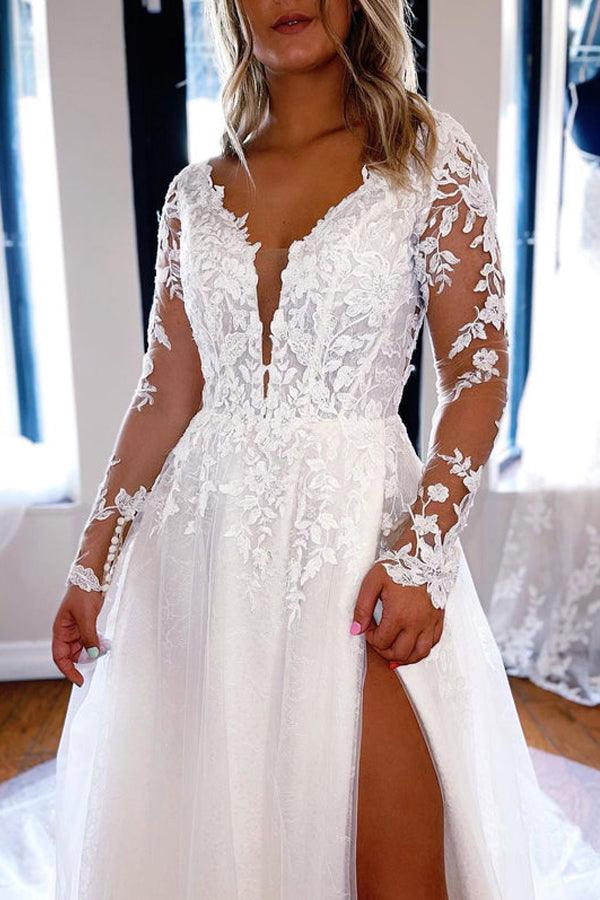 Robe de mariée élégante en dentelle, coupe trapèze, col en V et manches longues WD588