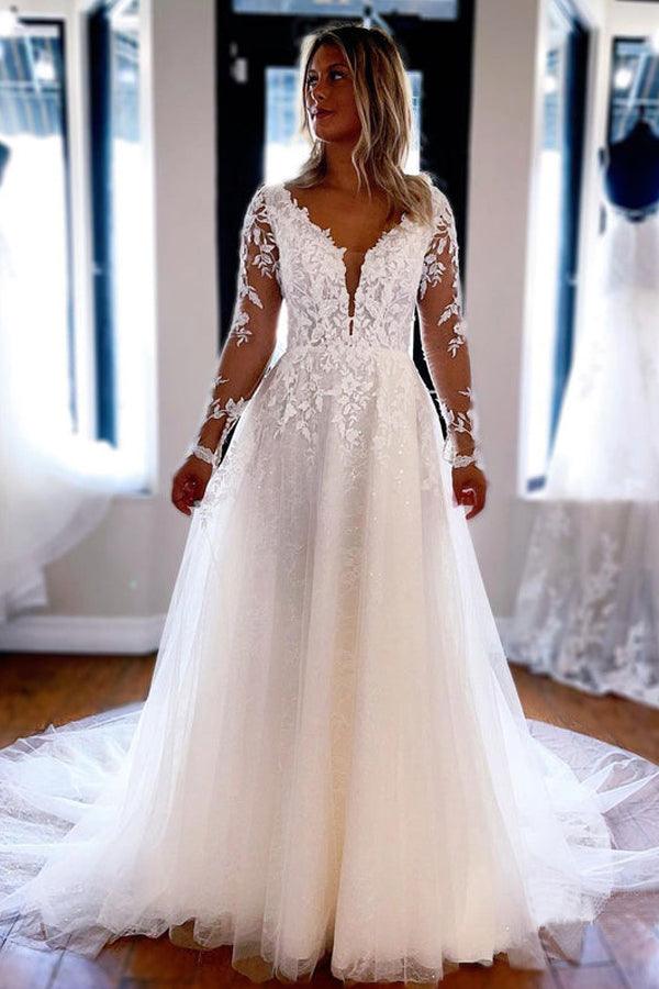 Robe de mariée élégante en dentelle, coupe trapèze, col en V et manches longues WD588