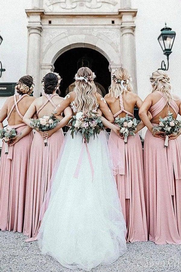 Elegantes vestidos largos de dama de honor de corte A, escote en V, elásticos, de satén rosa con pliegues BD084