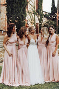 Elegantes vestidos largos de dama de honor de corte A, escote en V, elásticos, de satén rosa con pliegues BD084