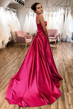 Elegante vestido de fiesta rosa fucsia de satén, corte en A, tirantes finos, vestido formal