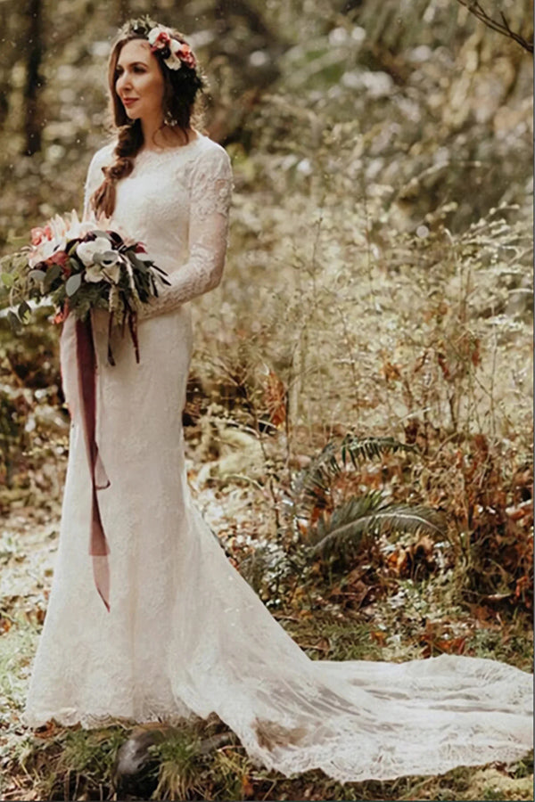Vestidos de novia elegantes de encaje, corte sirena, cuello redondo y mangas largas WD638