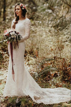Vestidos de novia elegantes de encaje, corte sirena, cuello redondo y mangas largas WD638