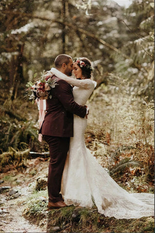 Vestidos de novia elegantes de encaje, corte sirena, cuello redondo y mangas largas WD638