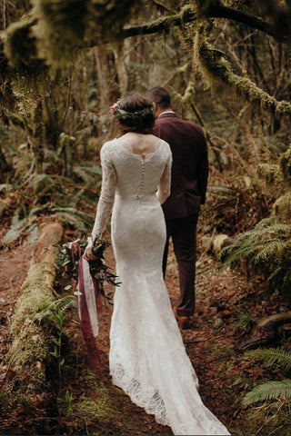 Vestidos de novia elegantes de encaje, corte sirena, cuello redondo y mangas largas WD638