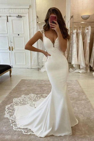 Elegante vestido de novia de satén con escote en V, manga corta y corte sirena, con apliques de encaje WD587