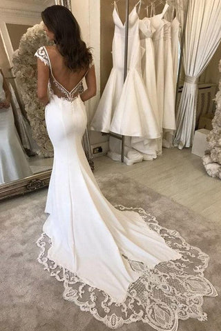 Elegante vestido de novia de satén con escote en V, manga corta y corte sirena, con apliques de encaje WD587