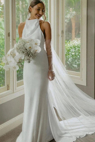 Robe de mariée sirène élégante à col halter, style modeste, simple, WD738