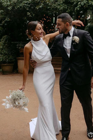Robe de mariée sirène élégante à col halter, style modeste, simple, WD738