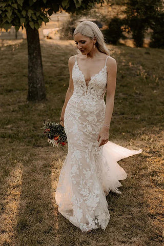 Robe de mariée longue sirène élégante en dentelle à col en V avec appliques WD694