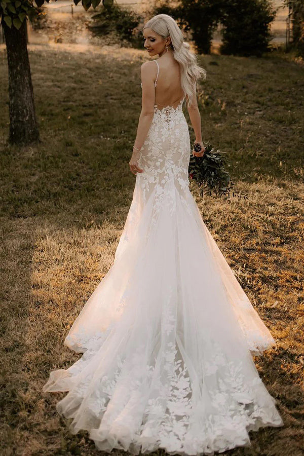 Elegantes vestidos de novia largos de encaje con escote en V estilo sirena y apliques WD694