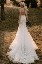 Elegantes vestidos de novia largos de encaje con escote en V estilo sirena y apliques WD694