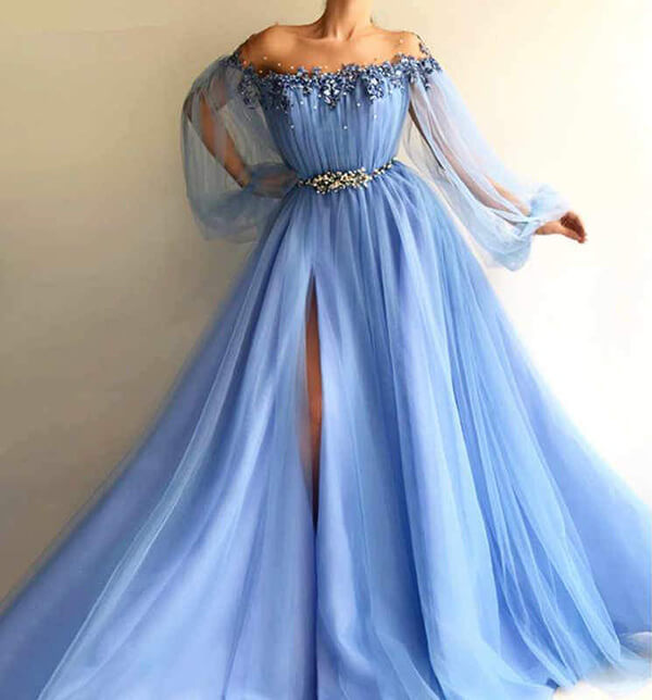Elegant Off the Shoulder Blue Long Sleeves Beaded Side Slit Prom Dresses