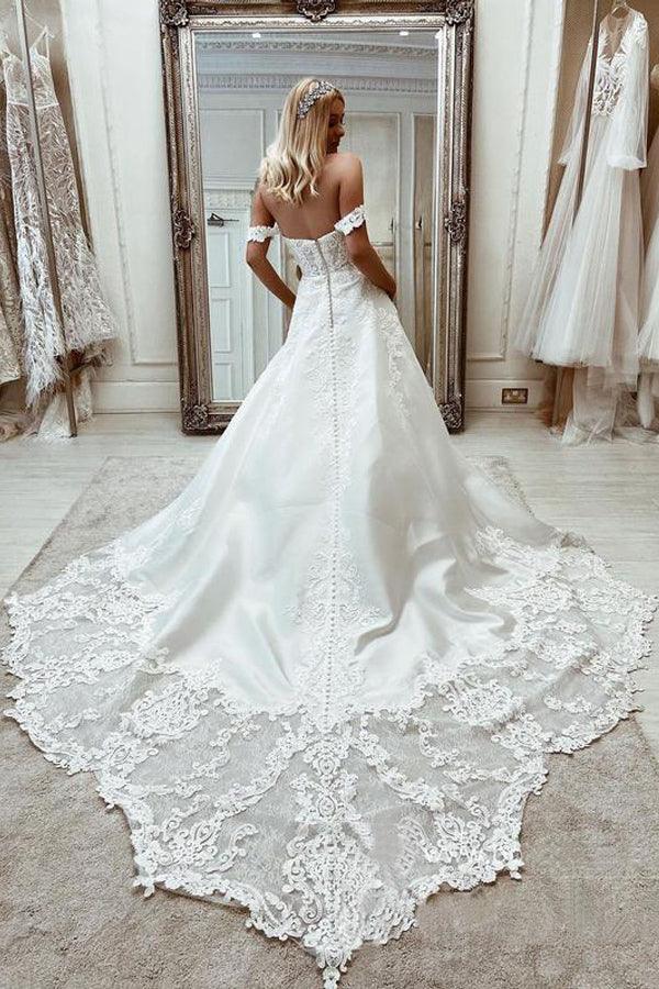 Robe de mariée élégante en satin, épaules dénudées, coupe trapèze, ornée d'appliqués WD573