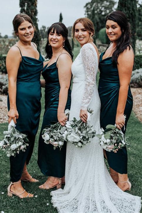Vestidos de dama de honor hasta los tobillos en color verde azulado oscuro para boda VMB41