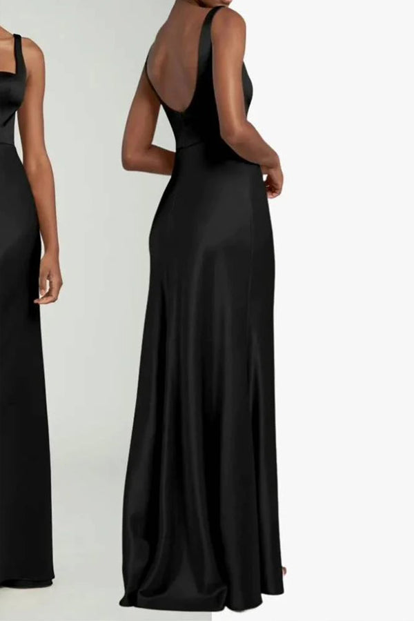 Robe de demoiselle d'honneur noire longue et élégante à col carré BD128
