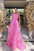 Robes de bal roses élégantes, bustier et à volants, longues robes de soirée