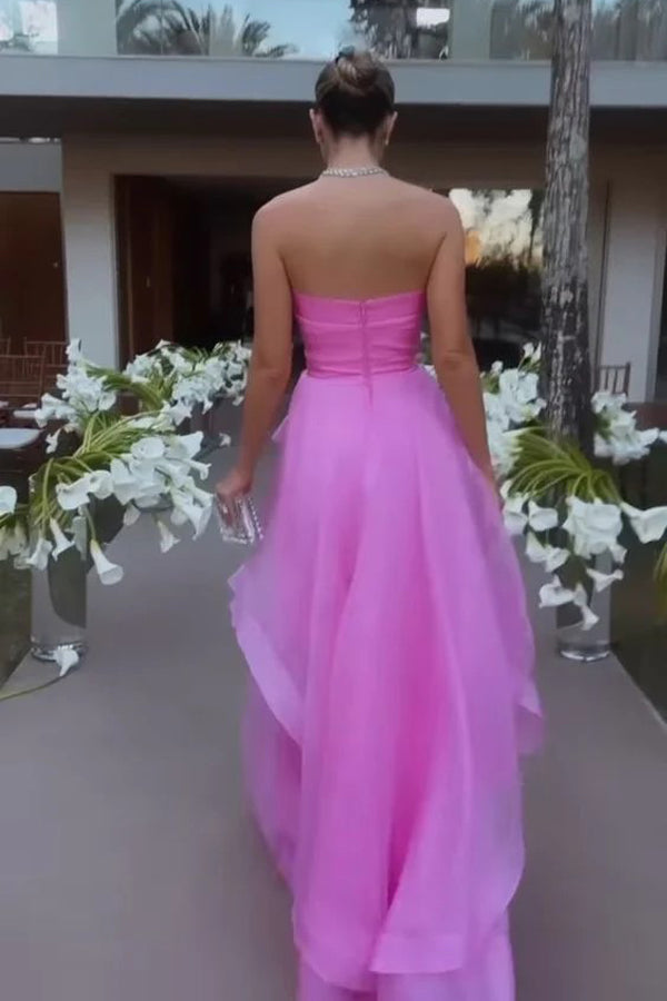 Robes de bal roses élégantes, bustier et à volants, longues robes de soirée