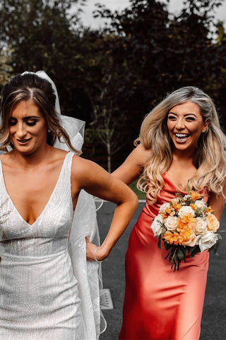 Elegante vestido largo rosa para dama de honor con tirantes hasta el suelo BD108