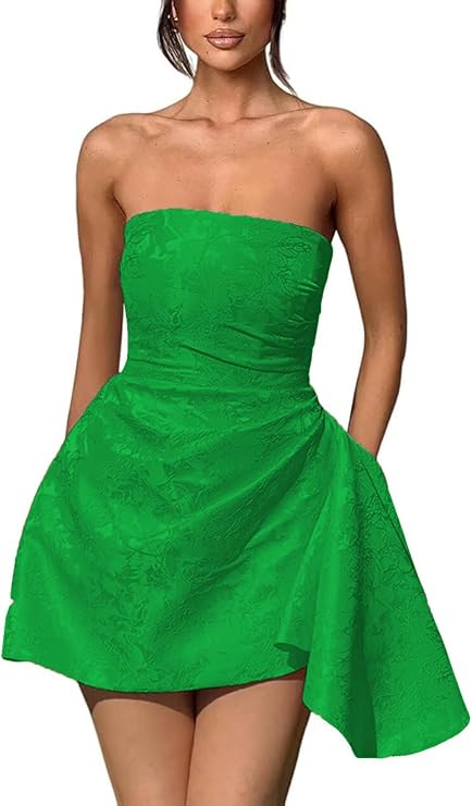 Vestido corto de fiesta de bienvenida, sin tirantes, corte en A, de satén jacquard, asimétrico, con cordones.