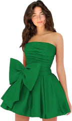 Robes de soirée courtes et chics pour le bal de promo, coupe trapèze, sans manches, bustier, froncées, lacées et ornées d'un nœud.