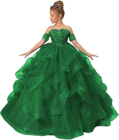 Vestido de niña de las flores con hombros descubiertos para boda, vestido de princesa con cuentas para concurso de belleza 