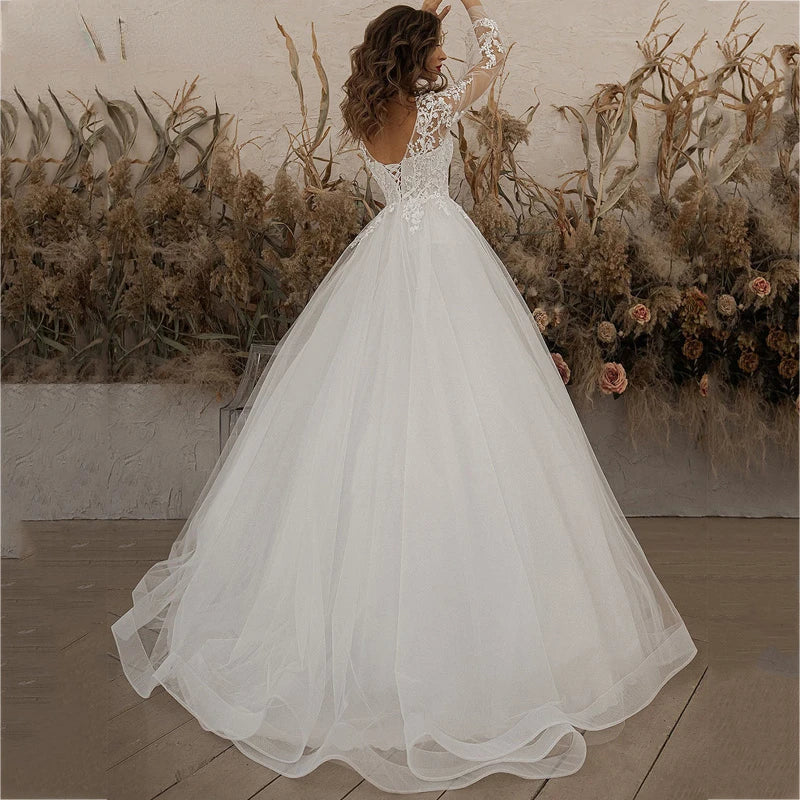 Robe de mariée ivoire exquise, manches longues, appliques en dentelle, fleurs 3D, tulle moderne, style bohème, robe de mariée de plage 