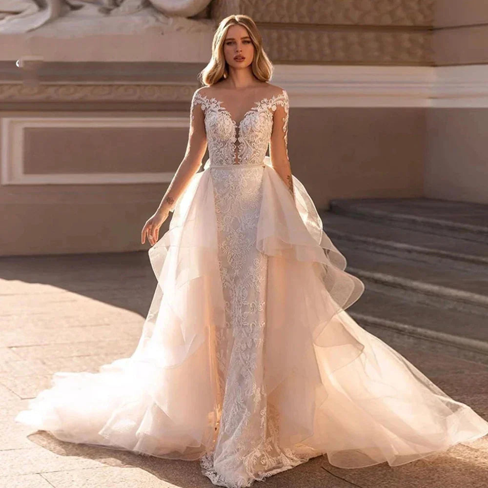 Robe de mariée sirène en dentelle exquise, nouvelle robe de mariée en tulle à col en V pour femmes, confectionnée sur mesure.