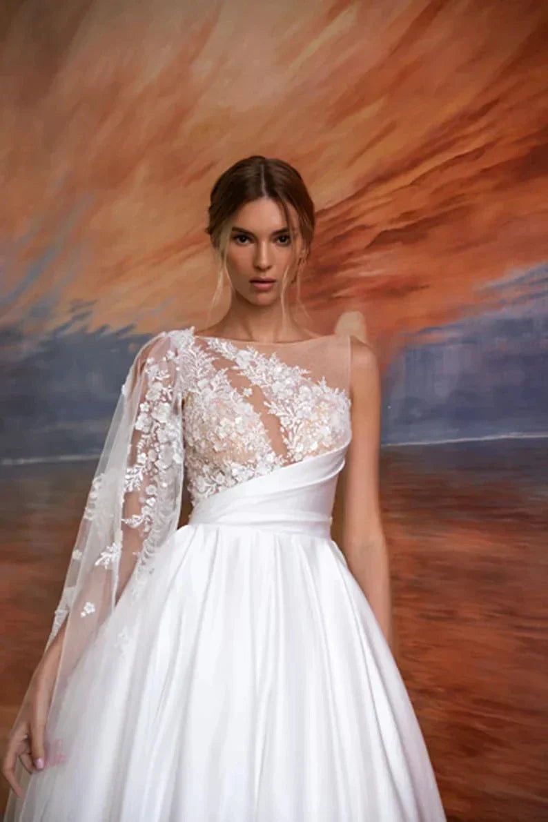 Exquisito vestido de novia de corte playero, línea A, hombros descubiertos, mangas, estilo vaporoso, espalda descubierta, sexy, con encaje, espalda descubierta, cola de corte, sencillo 