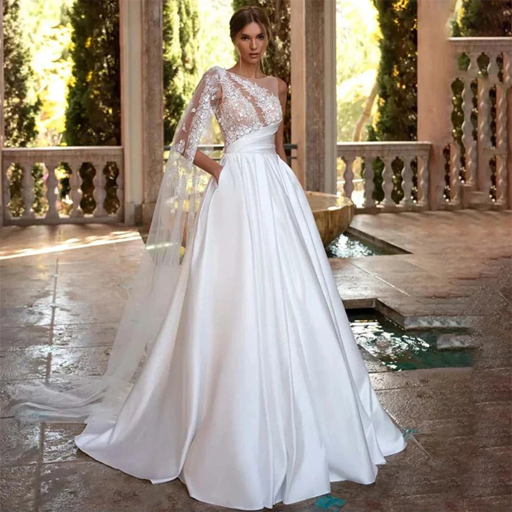 Exquisito vestido de novia de corte playero, línea A, hombros descubiertos, mangas, estilo vaporoso, espalda descubierta, sexy, con encaje, espalda descubierta, cola de corte, sencillo 