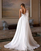 Exquisito vestido de novia de corte playero, línea A, hombros descubiertos, mangas, estilo vaporoso, espalda descubierta, sexy, con encaje, espalda descubierta, cola de corte, sencillo 