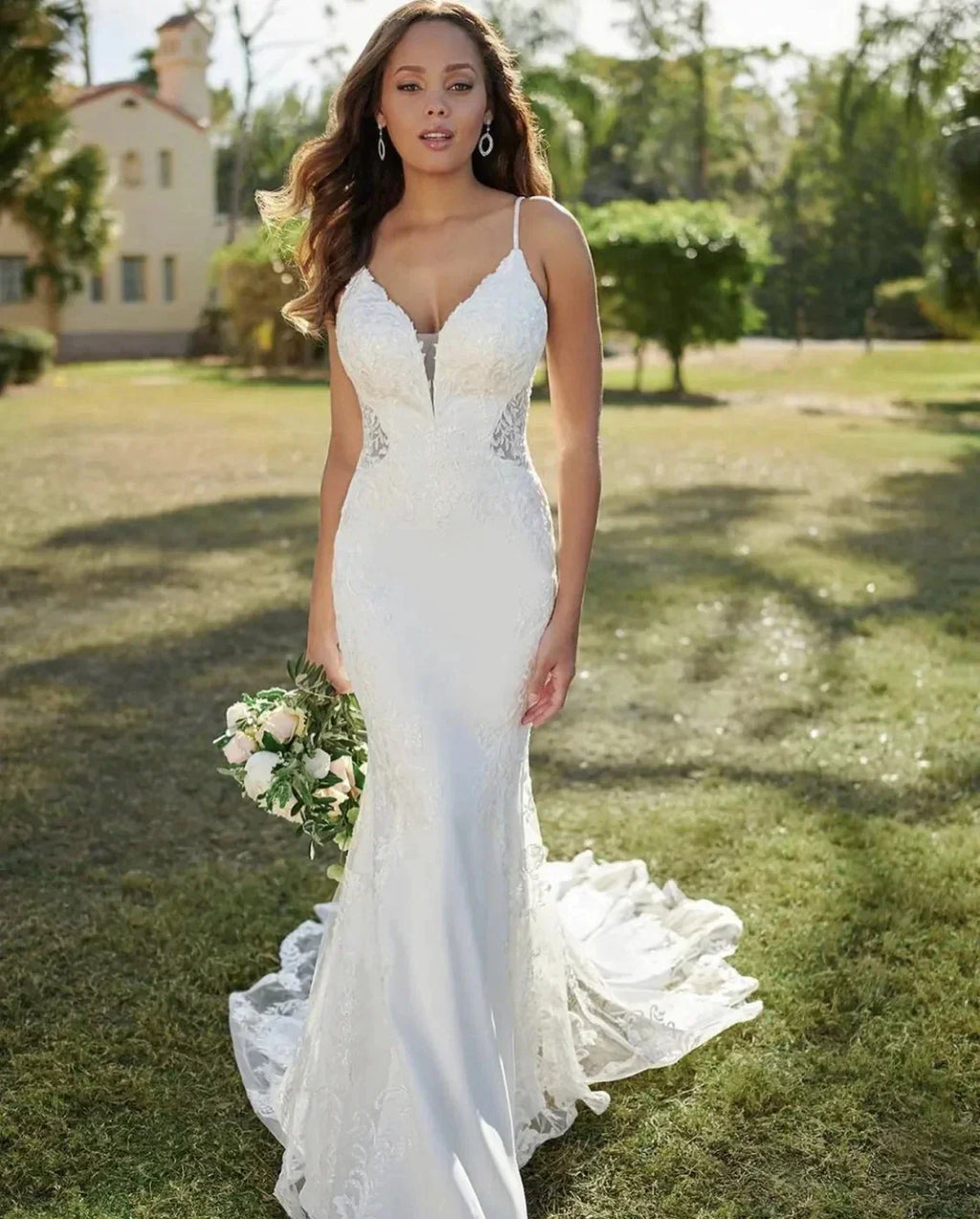 Exquisitos vestidos de novia sexis sin espalda, sin mangas, de encaje floral, estilo sirena, vintage, de baile, formales, con escote en V, ideales para fiestas en la playa o galas.