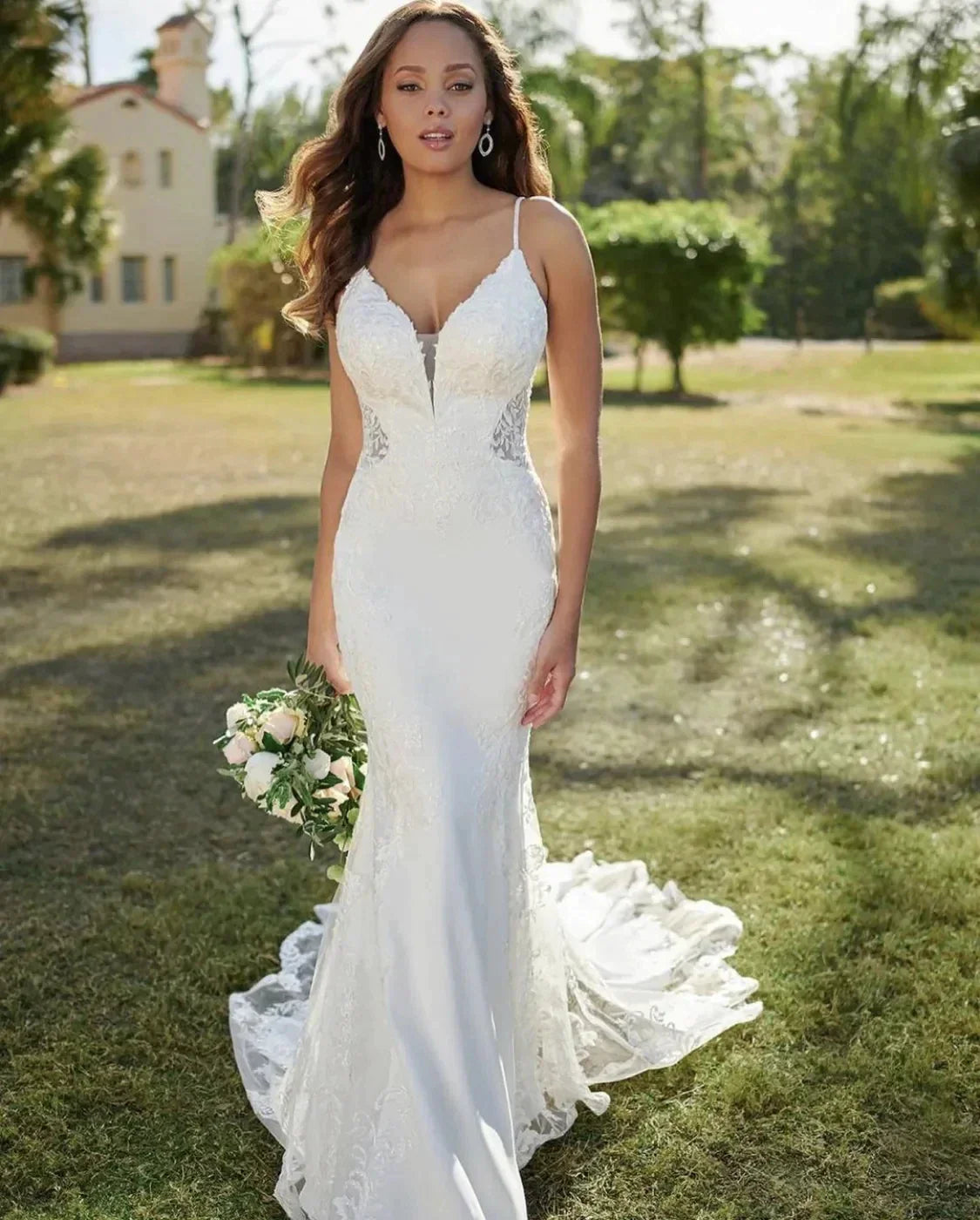 Exquisitos vestidos de novia sexis sin espalda, sin mangas, de encaje floral, estilo sirena, vintage, de baile, formales, con escote en V, ideales para fiestas en la playa o galas.