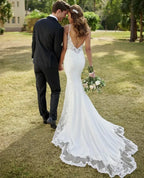 Exquisitos vestidos de novia sexis sin espalda, sin mangas, de encaje floral, estilo sirena, vintage, de baile, formales, con escote en V, ideales para fiestas en la playa o galas.