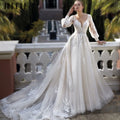 Vestidos de novia exquisitos para mujer, con escote en V, apliques de encaje, corte en A y mangas largas abullonadas.