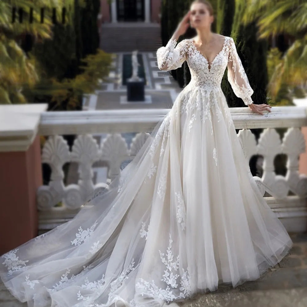 Vestidos de novia exquisitos para mujer, con escote en V, apliques de encaje, corte en A y mangas largas abullonadas.