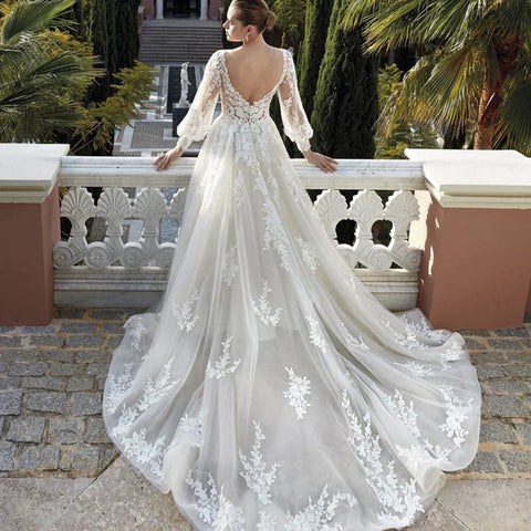 Vestidos de novia exquisitos para mujer, con escote en V, apliques de encaje, corte en A y mangas largas abullonadas.