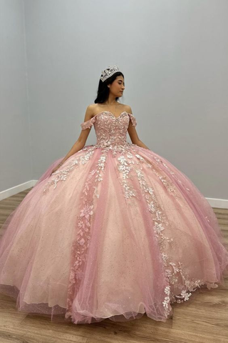Vestido de quinceañera de baile con apliques de tul rosa y hombros descubiertos Y5882