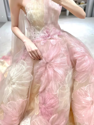 Dream Princess Floral Ball Gown, Strapless A-line Evening Prom Dress,Wedding Dress Y8289