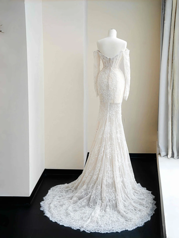 Romantic White Lace Appliques Tulle Sequin Mermaid Prom Dress Off Shoulder Evening Dress Y8663