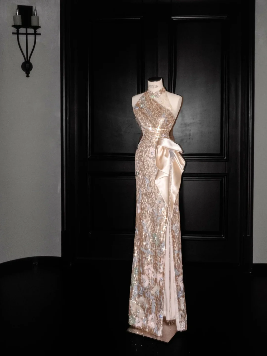 Vestido de fiesta de noche largo con lentejuelas doradas champán brillantes Y8653