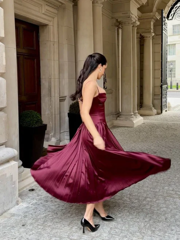 Vestido de fiesta largo de satén burdeos con tirantes, corte en A, estilo vintage, modelo Y7994