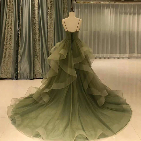Green Straps Sweetheart Tulle Long Evening Dress Green Layered Tulle Prom Dress Y987