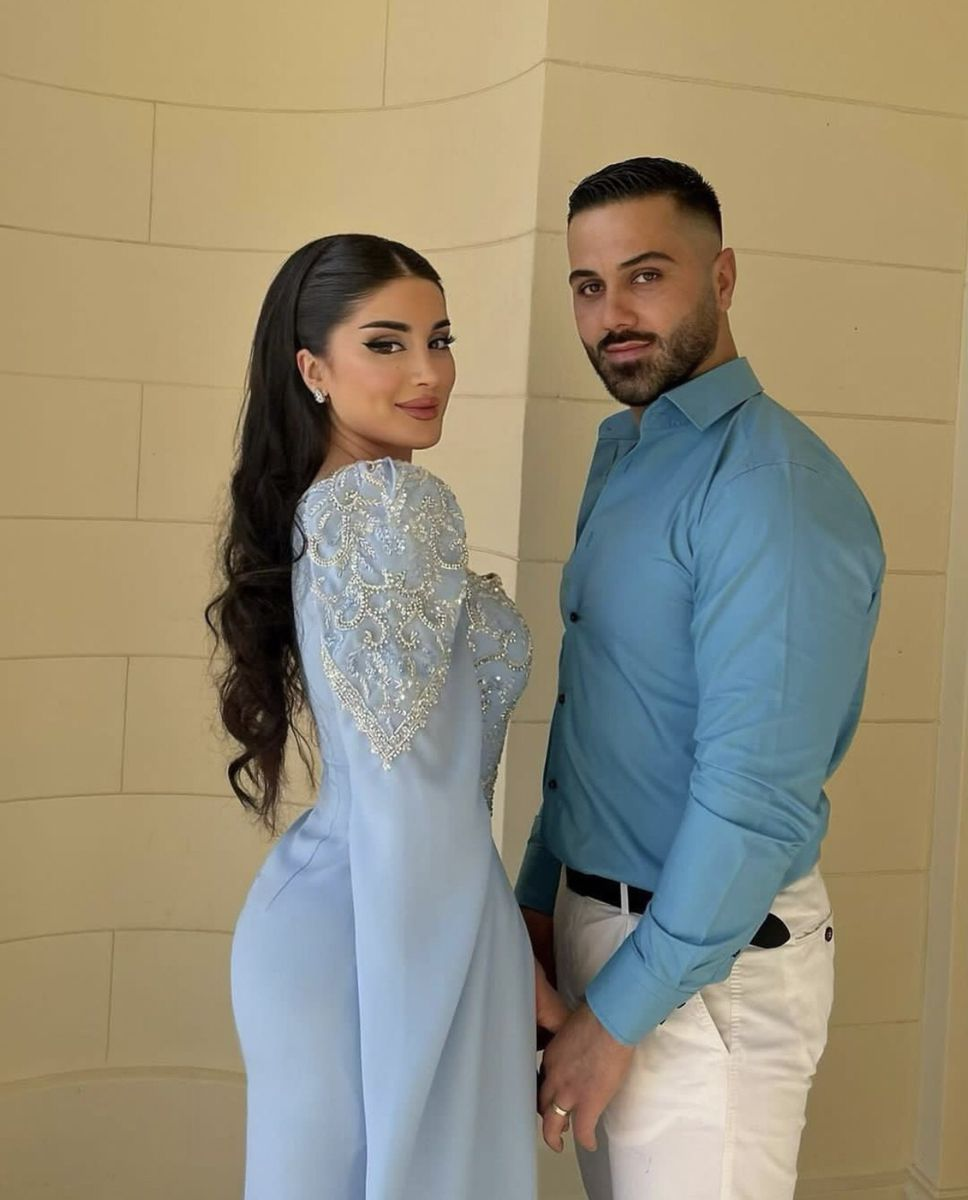 Elegante vestido de noche de lujo azul con lentejuelas y cuentas, ribete de satén y chal. Vestido de fiesta musulmán estilo árabe de Dubái Y4669