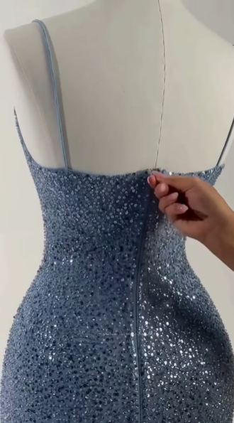 Precioso vestido largo de fiesta azul con lentejuelas y cuentas, corte sirena, vestido de noche formal Y8512